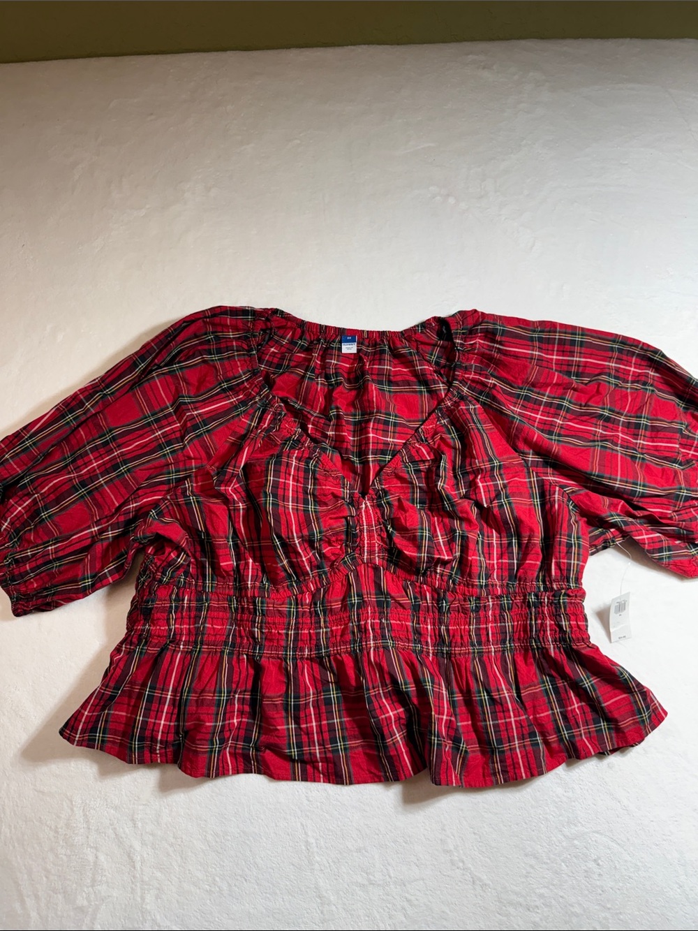 Old Navy Tartan Red Plaid Ruffle Peasant Blouse